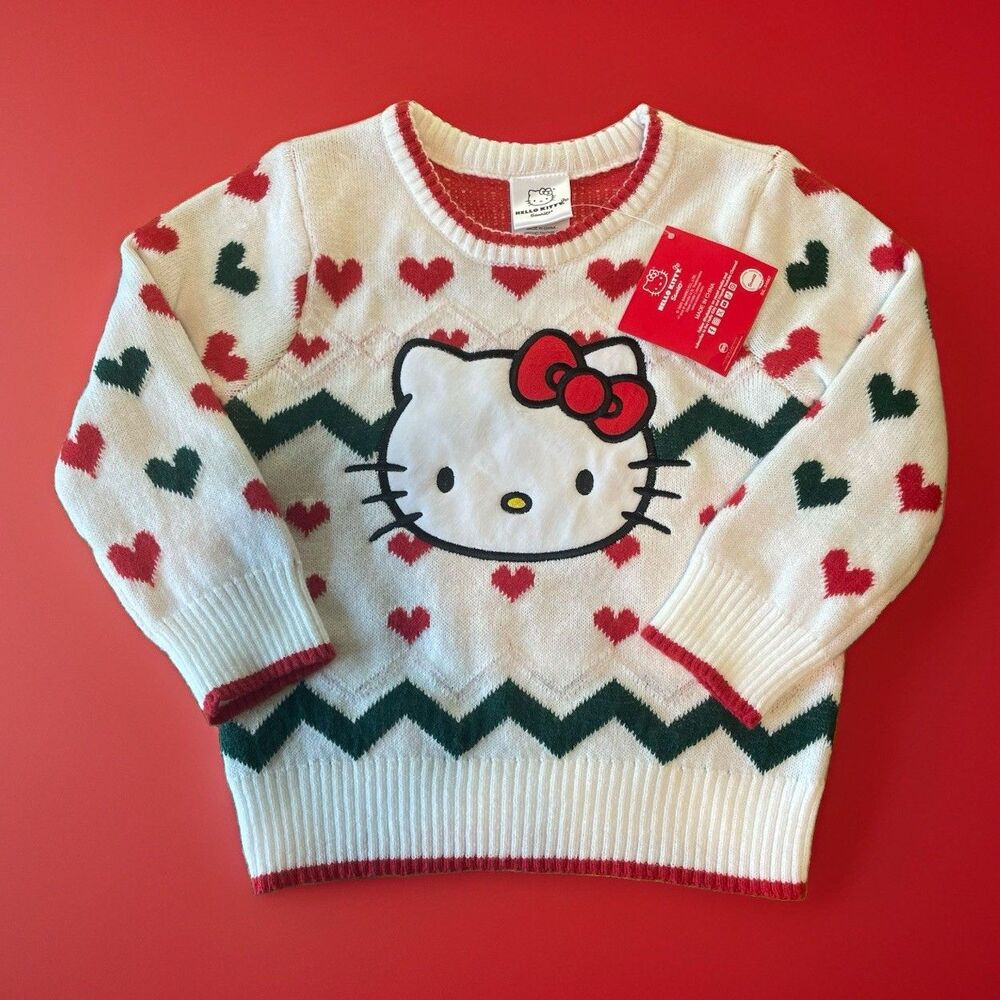 NWT Hello Kitty Girls Sweater 3T Red White Hearts Holiday Christmas Festive